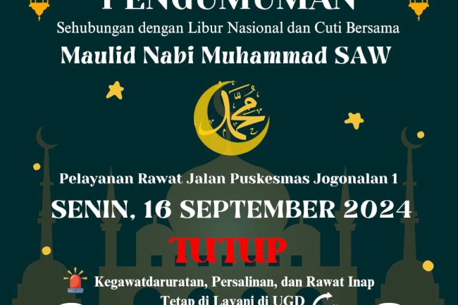 PENGUMUMAN LIBUR  DAN CUTI BERSAMA DALAM RANGKA MAULID NABI MUHAMMAD SAW