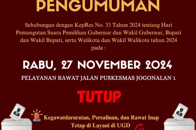 PENGUMUMAN RAWAT JALAN HARI LIBUR RABU 27 NOVEMBER 2024
