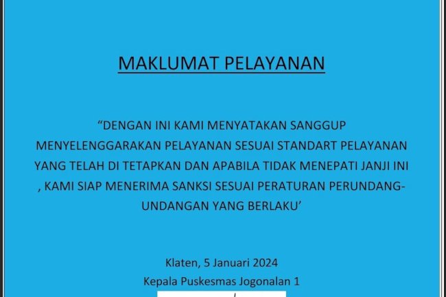 MAKLUMAT PELAYANAN PUSKESMAS JOGONALAN 1