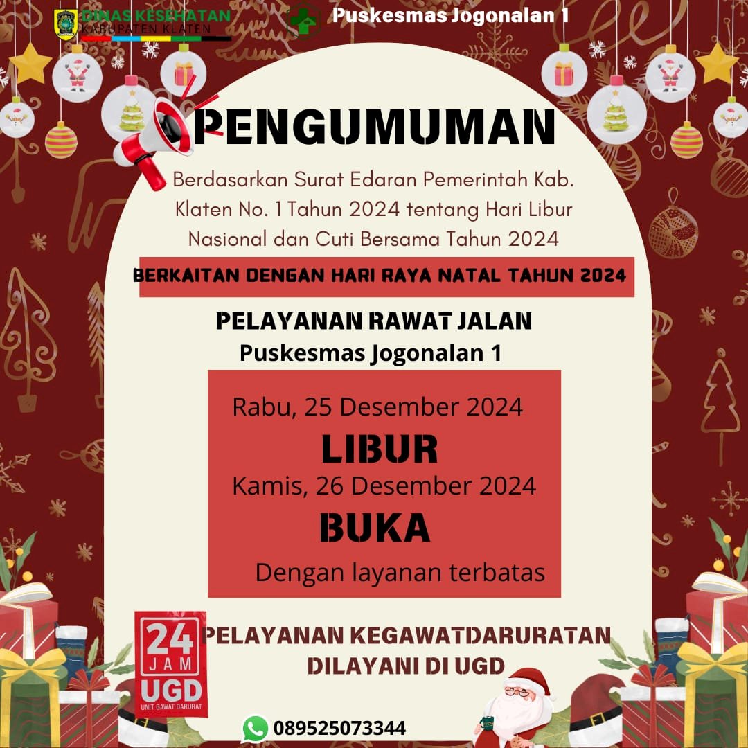 PENGUMUMAN RAWAT JALAN HARI LIBUR DAN CUTI BERSAMA 25 DAN 26 DESEMBER 2024 