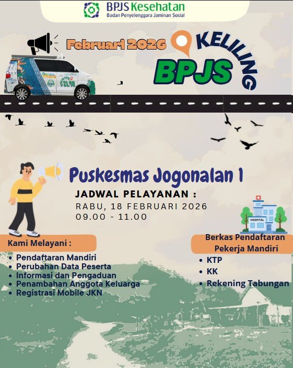 PENGUMUMAN BPJS KELILING RABU, 18 FEBRUARI 2026 DI PUSKESMAS JOGONALAN 1