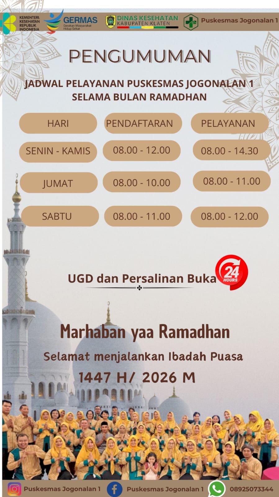 PENGUMUMAN PELAYANAN PUSKESMAS JOGONALAN 1 SELAMA BULAN RAMADHAN TAHUN 2026